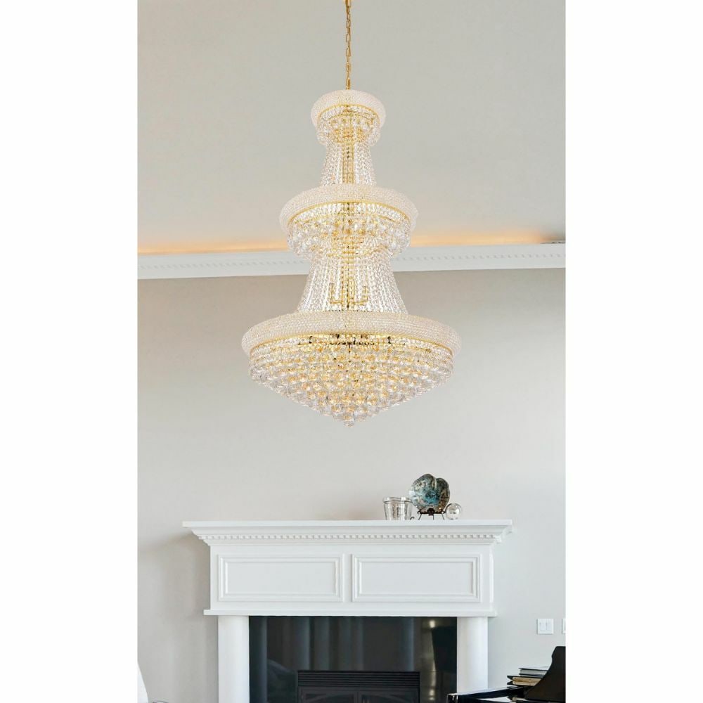Primo 32 Light Gold Crystal Foyer Chandelier 30 x 50: Primo 32 Light Gold Crystal Foyer Chandelier 30 x 50 Large modern crystal chandelier with a gold finish and empire-style shade shape. It features 32 lights, clear crystal glass, and a polished finish.