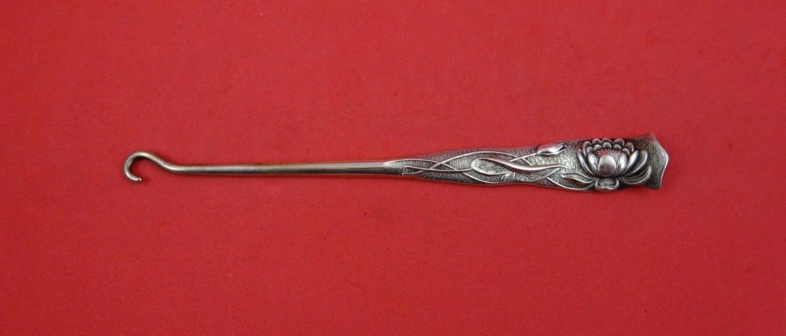 Sterling Silver Flora Pattern Button Hook with Pond Lily by Shiebler 6 Inch (1 of 2)