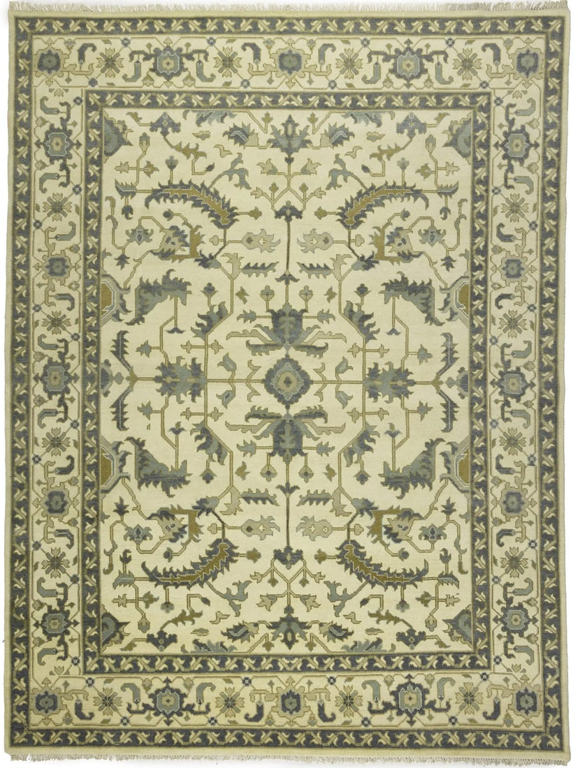 9'1 x 12'1 Handmade Wool Oushak Chobi Floral Area Rug: 9'1 x 12'1 Handmade Wool Oushak Chobi Floral Area Rug Handmade floral Oushak Chobi area rug with a traditional look and muted color palette including cream, gray, and golden beige. This pre-owned rect