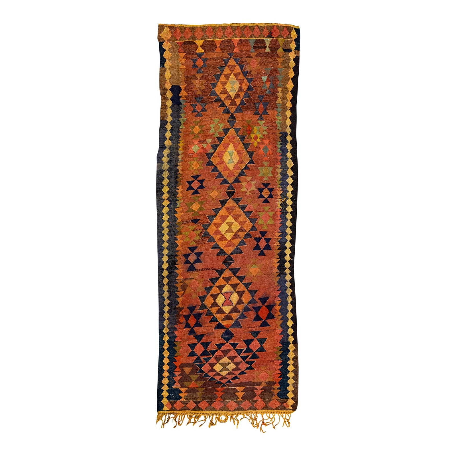 Vintage Kilim Wool Runner Rust Tribal Design 3'7 x 10'1: Vintage Kilim Wool Runner Rust Tribal Design 3'7 x 10'1 Introducing a stunning vintage Kilim handmade wool runner, featuring a rich rust field that beautifully contrasts with the intricate all-over tr