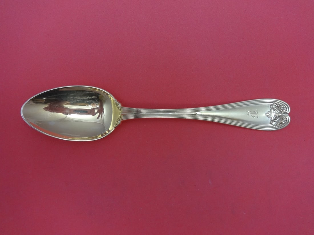 Tiffany & Co Colonial Sterling Silver Vermeil Soup Spoon Monogrammed F 7": Tiffany & Co Colonial Sterling Silver Vermeil Soup Spoon Monogrammed F 7" This exquisite Colonial pattern place soup spoon by Tiffany & Co. showcases the elegance of sterling silver combined with a ri