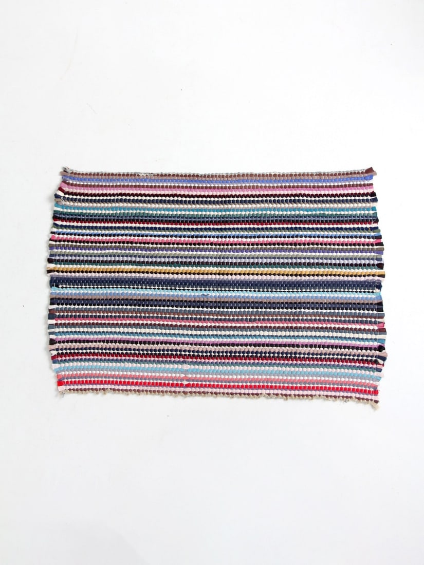 34 inch Handwoven Rag Rug Vintage Multicolor Striped Textile: 34 inch Handwoven Rag Rug Vintage Multicolor Striped Textile Vintage mid-century handwoven rag rug featuring colorful fabric strips arranged in an ever-changing striped pattern. Shades of blue, pink, 