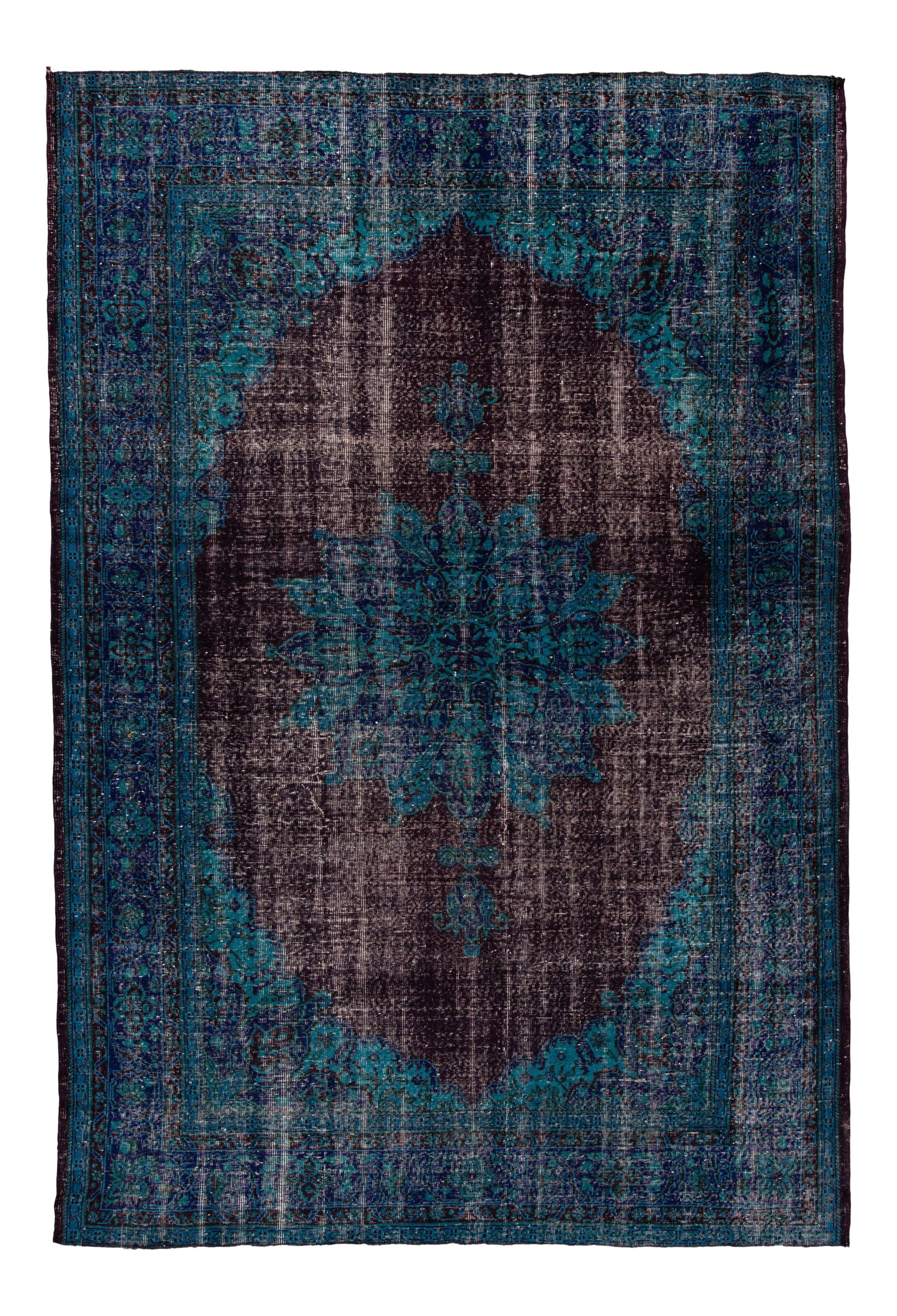 Vintage Mid-Century Overdyed Wool Rug 7'7 x 11 Blue: Vintage Mid-Century Overdyed Wool Rug 7'7 x 11 Blue This stunning vintage Overdyed rug is hand-knotted from wool, showcasing a beautiful blue field complemented by subtle burgundy accents in a distres