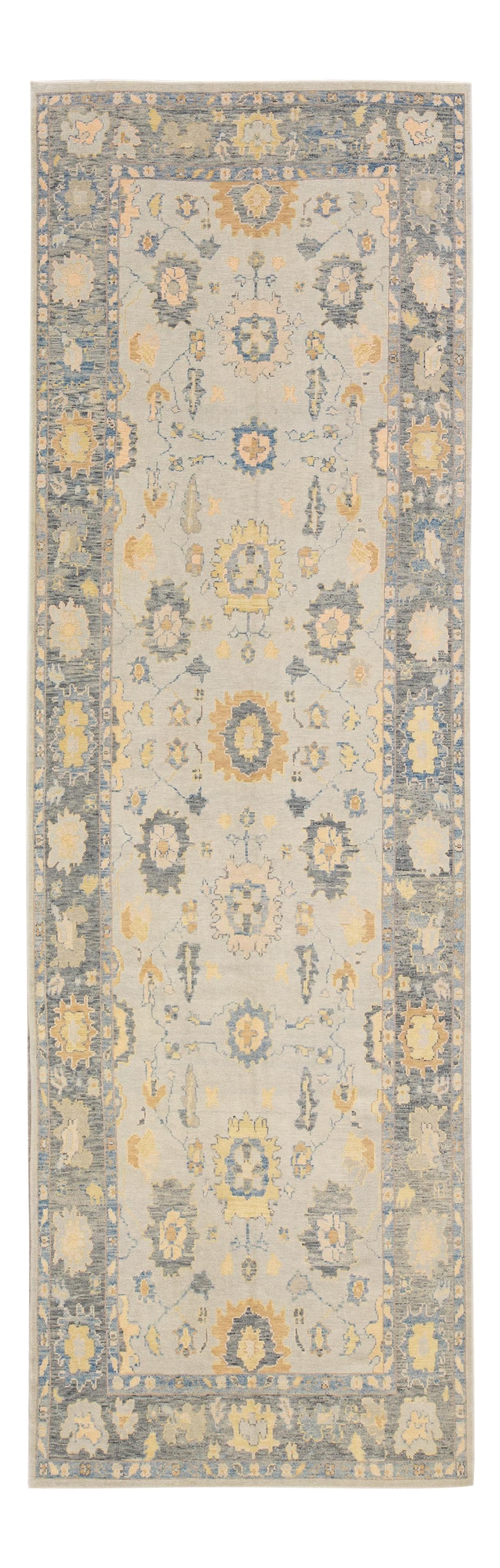 Handmade Gray Turkish Oushak Wool Runner 6'3 x 19'5 Floral Design: Handmade Gray Turkish Oushak Wool Runner 6'3 x 19'5 Floral Design This stunning Long Modern Gray Turkish Oushak Handmade Floral Gallery Wool Runner features a hand-knotted design with a soft gray fiel