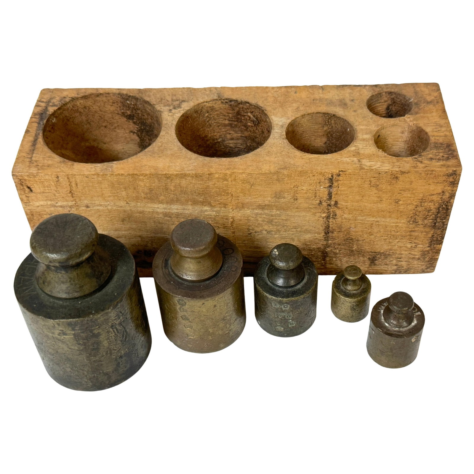 Set of 5 Antique French Bronze Apothecary Weights with Wooden Block (1 of 8)