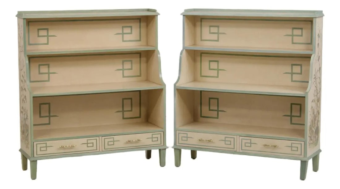 Pair of white wood bookcases with 2 drawers artist signed chinoiserie (1 of 10)