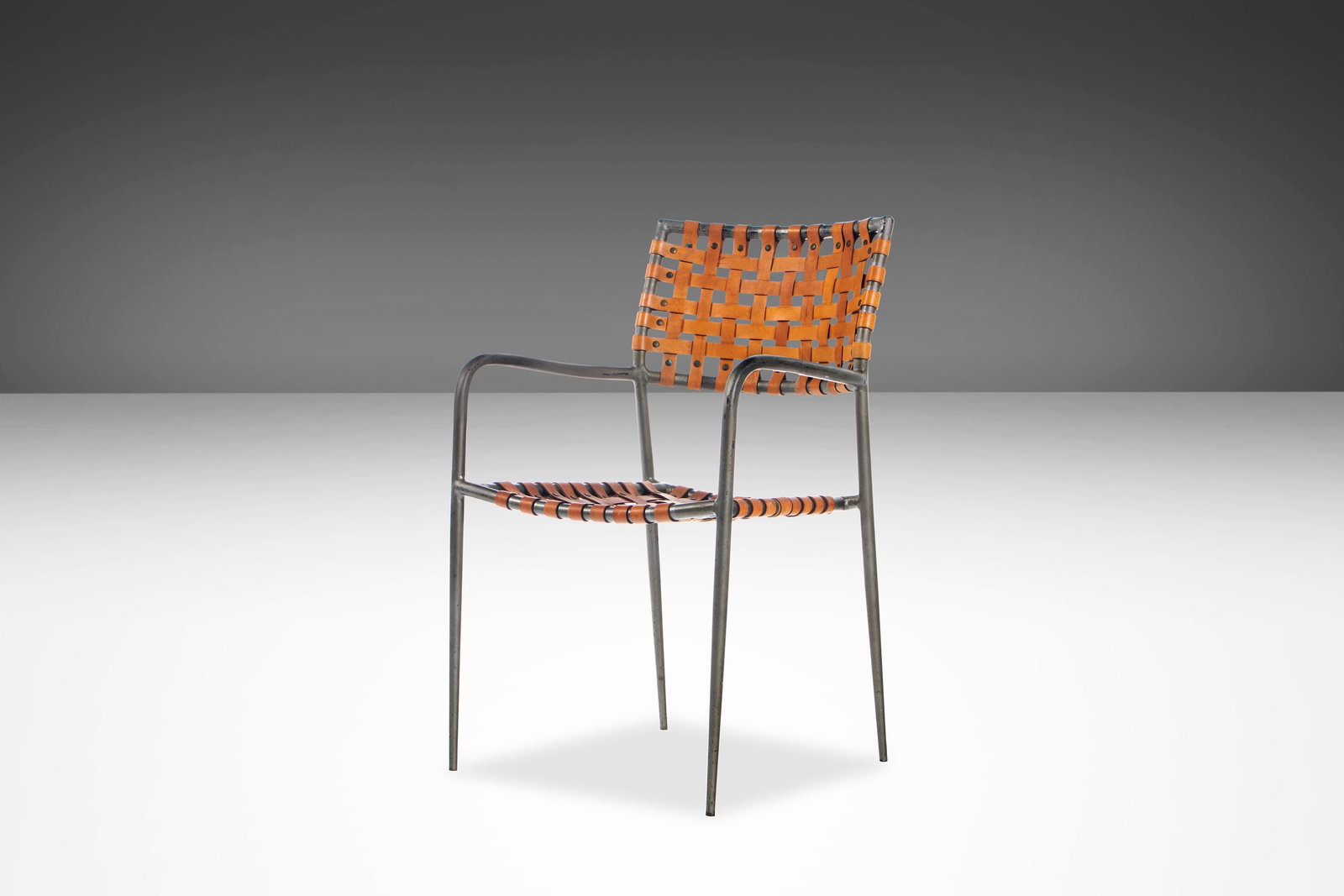 1970s Italian Modern Patinaed Metal Leather Strap Armchair (1 of 10)