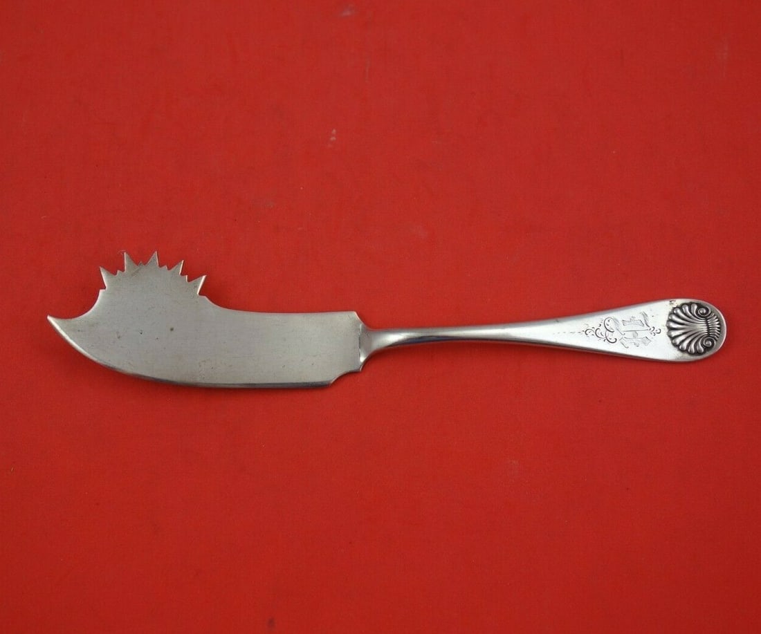 Towle Shell Sterling Silver Cheese Knife with Pick 7.5" Monogrammed: Towle Shell Sterling Silver Cheese Knife with Pick 7.5" Monogrammed This exquisite cheese knife from Towle features a beautifully crafted sterling silver flat handle in the elegant Shell pattern. Meas