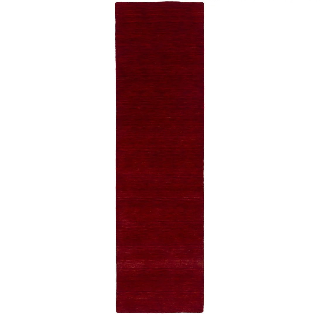 Gabbeh Wool Runner Rug 2'8 x 9'7 Red Solid Modern: Gabbeh Wool Runner Rug 2'8 x 9'7 Red Solid Modern This hand-loomed Gabbeh wool runner rug features a solid red design with a modern aesthetic, making it an ideal choice for hallways or bedrooms. Craft