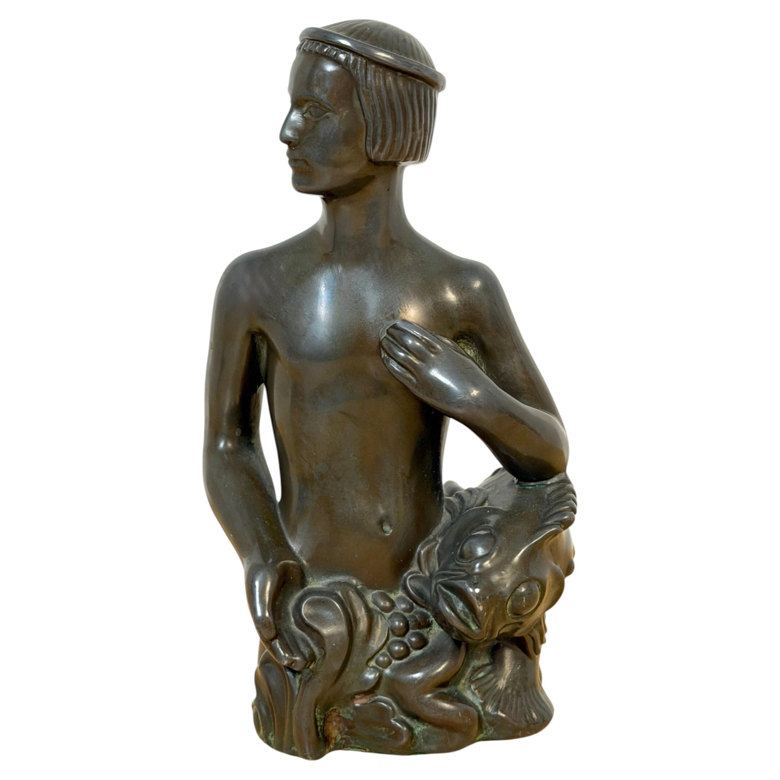 Just Andersen Model 1742 Disko Metal Art Deco Figure Sculpture: Just Andersen Model 1742 Disko Metal Art Deco Figure Sculpture Art Deco figural sculpture by Just Andersen, cast in Disko metal and depicting a young man with a fish. This Danish model 1742 bears the 