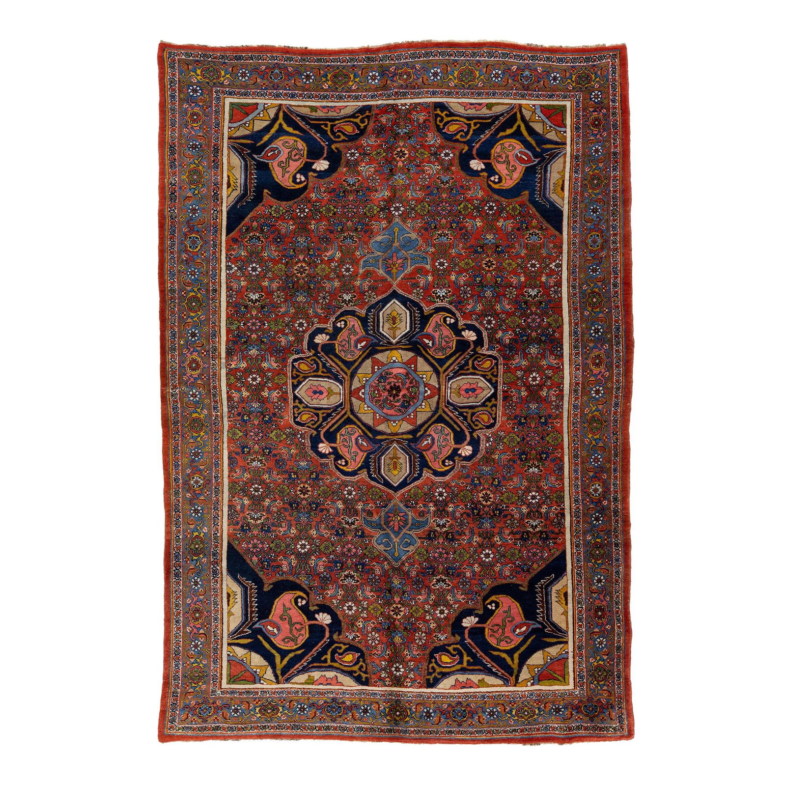 Antique Bidjar Persian Wool Rug Red Floral Design 7'5 x 10'10: Antique Bidjar Persian Wool Rug Red Floral Design 7'5 x 10'10 This exquisite antique Bidjar rug features a vibrant red field complemented by a striking blue frame adorned with a delightful multicolor 