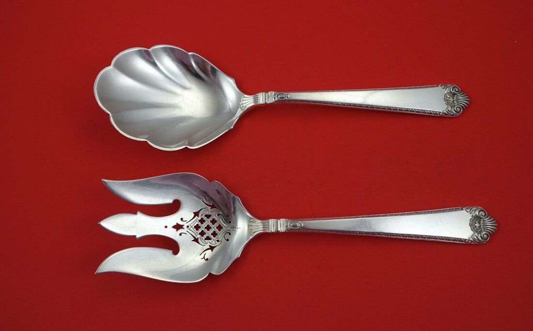 Watson George II Rex Hand Chased Sterling Silver Salad Serving Set 2 Piece 9 Inch (1 of 2)