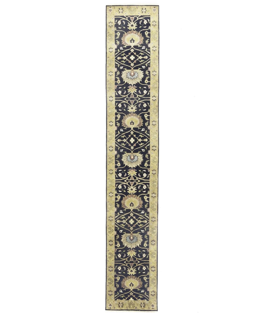 Floral Hand-Knotted Oushak 2x14 Runner Rug Black Gold Wool: Floral Hand-Knotted Oushak 2x14 Runner Rug Black Gold Wool Enhance your space with this exquisite hand-knotted Oushak Oriental runner rug. Measuring 2'5" x 13'11", this stunning black floral carpet fe