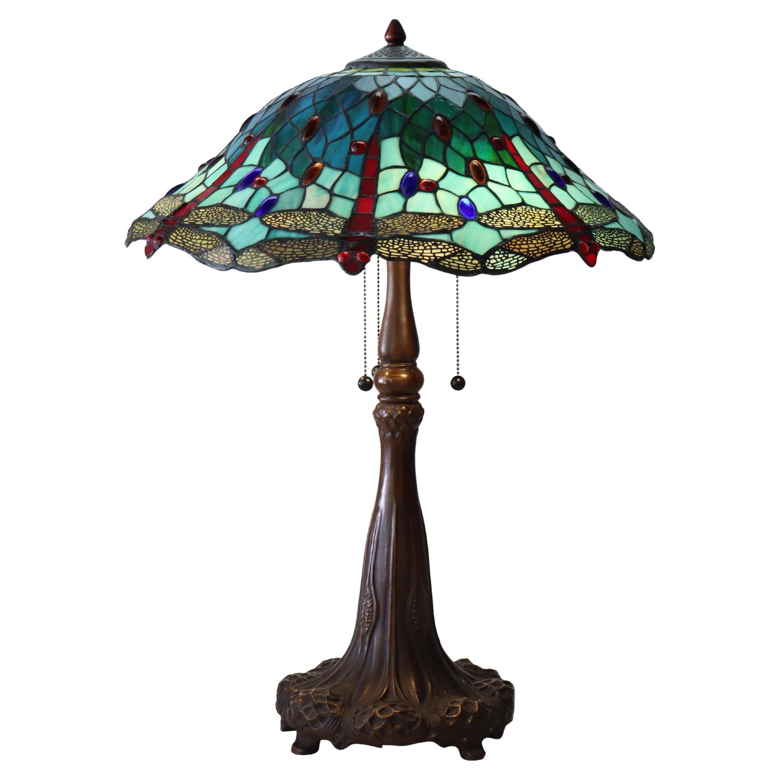 Art Nouveau Dragonfly Motif Stained Glass Table Lamp in Tiffany Style 20th Century: Art Nouveau Dragonfly Motif Stained Glass Table Lamp in Tiffany Style 20th Century This Tiffany-style table lamp from the 20th century features a dome-shaped shade made from stained and leaded glass, 