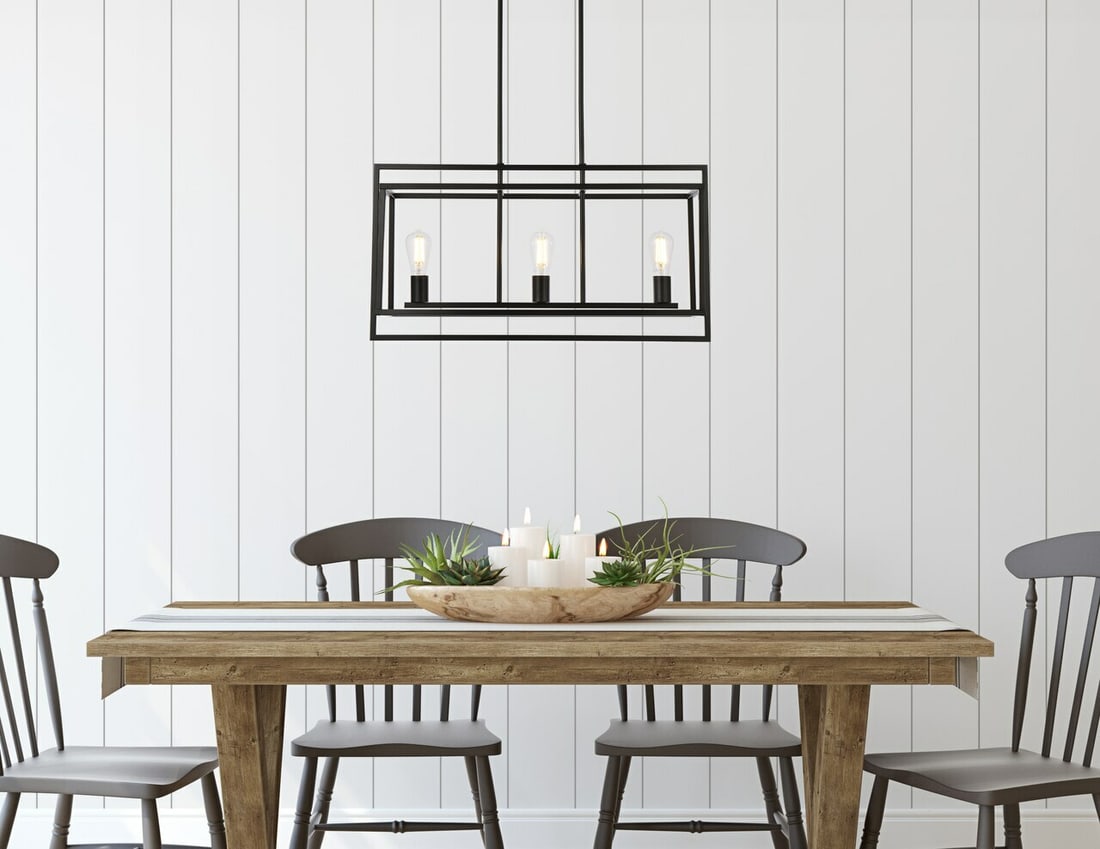 Living District Voir 3 Light Black Island Pendant Chandelier: Living District Voir 3 Light Black Island Pendant Chandelier Modern black chandelier from the Voir collection with a rectangular shade and 3-light design. This hardwired indoor ceiling fixture feature