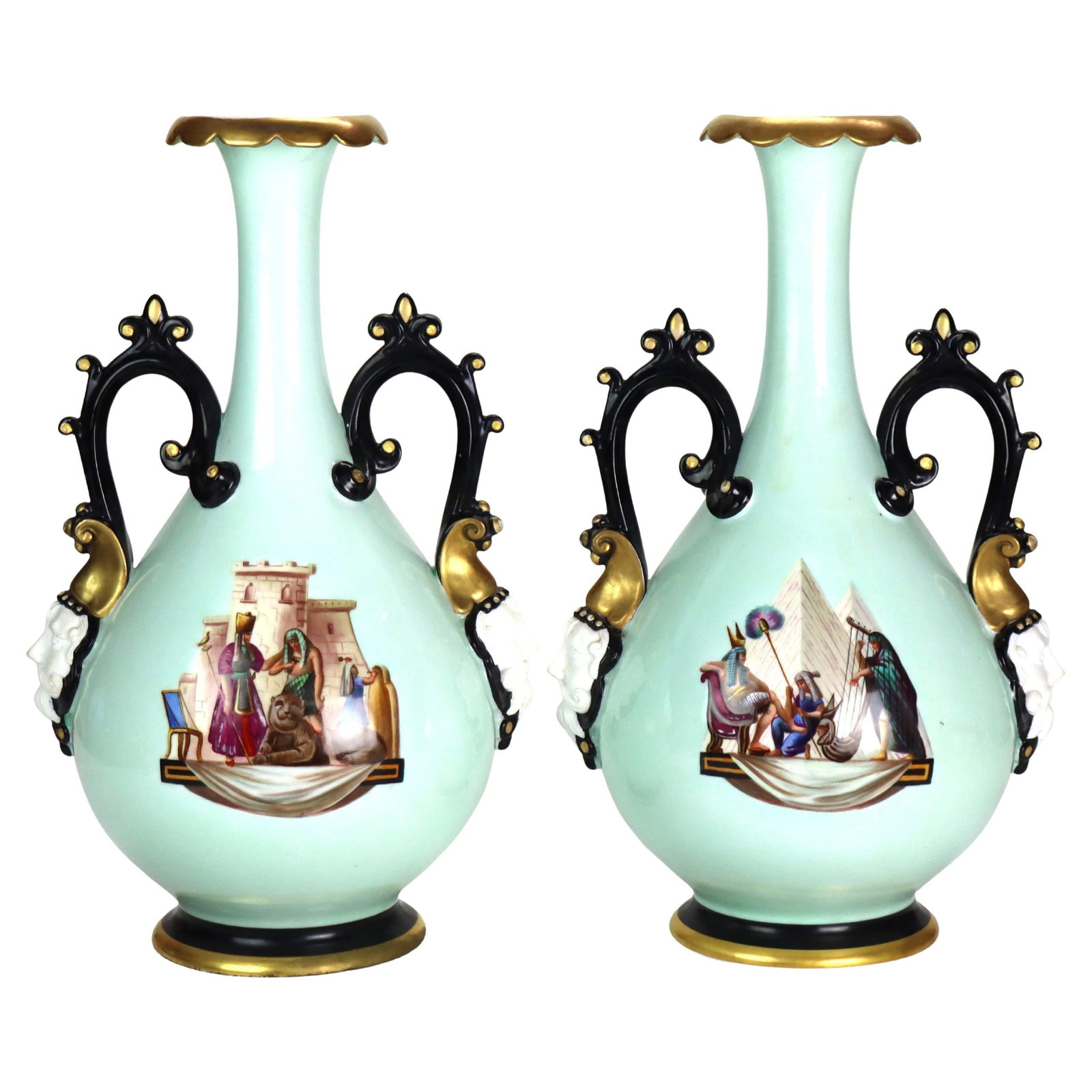 Set of Two Old Paris Egyptian Revival Porcelain Vases Hand Painted Gilt c1880 (1 of 10)