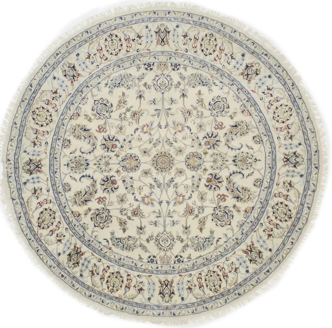 Round 6x6 Wool and Silk Floral Indo-Nain Hand-Knotted Area Rug: Round 6x6 Wool and Silk Floral Indo-Nain Hand-Knotted Area Rug This hand-knotted Indo-Nain round oriental rug features a cream background with floral patterns in light blue, beige, brown, green, and n