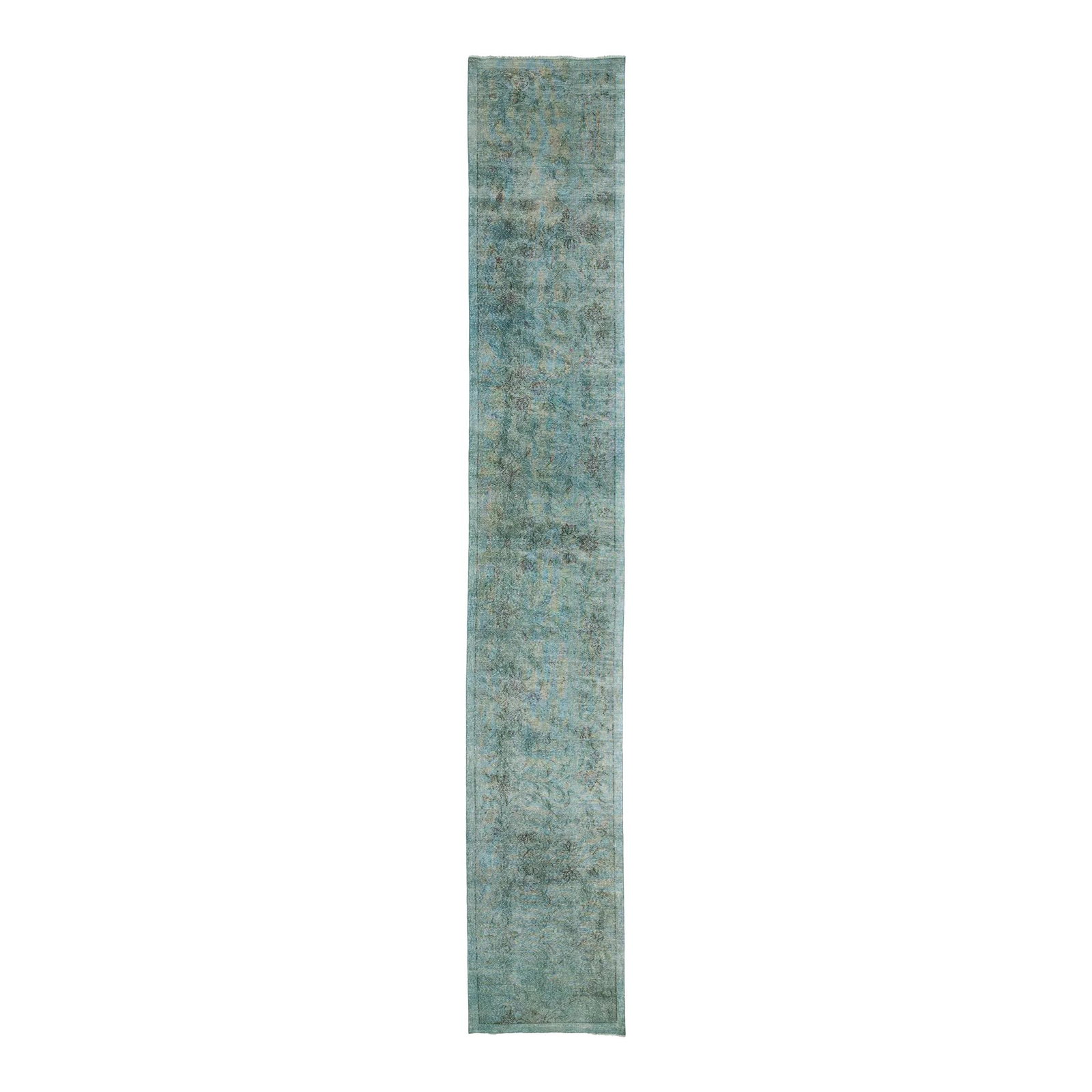 Vintage Handmade Green Overdyed Persian Wool Rug 2'10 x 17'7: Vintage Handmade Green Overdyed Persian Wool Rug 2'10 x 17'7 Transform your space with this exquisite vintage handmade Persian rug, featuring a stunning green color field beautifully complemented by c