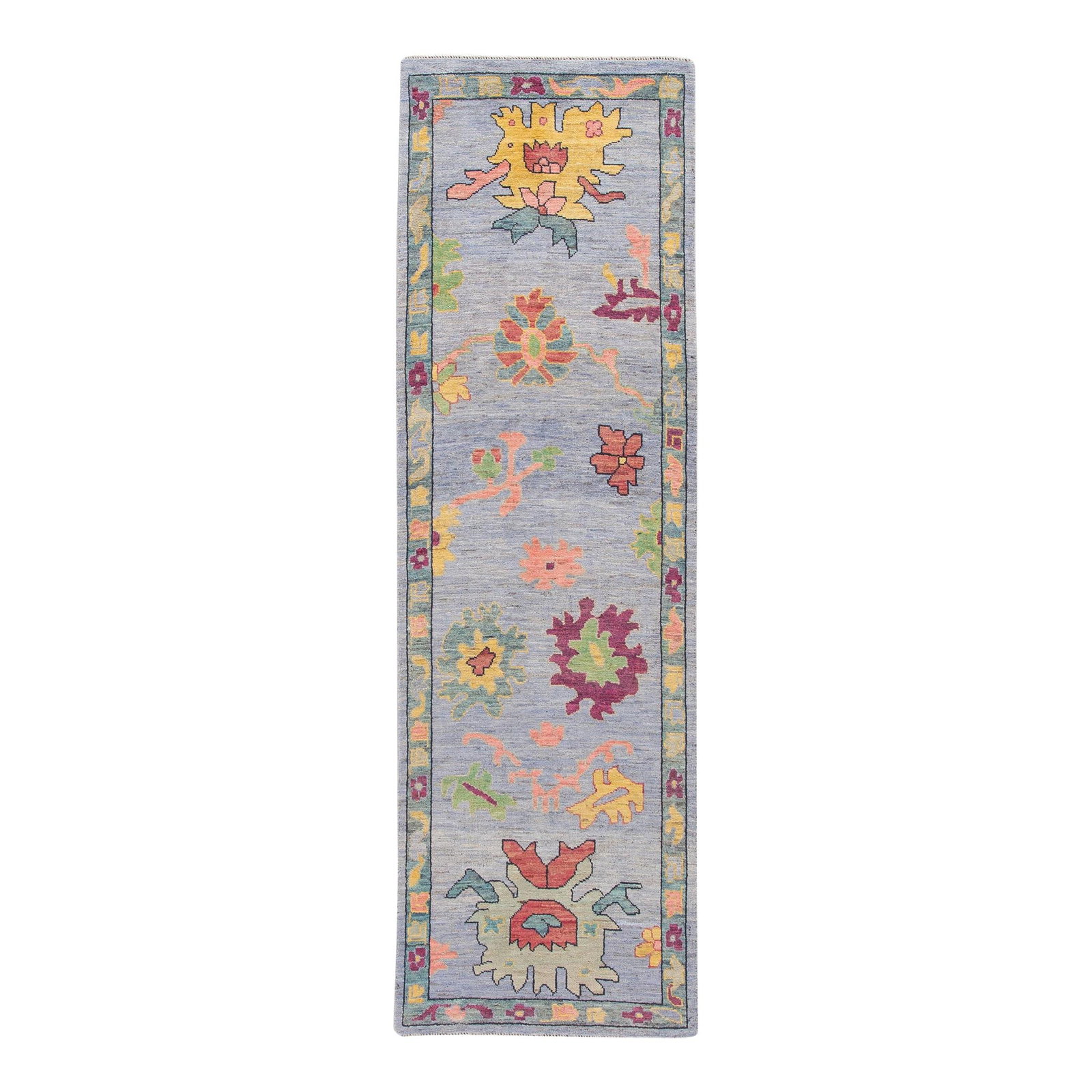 Lavender Floral Modern Oushak Handmade Wool Runner 3'1 x 10'2: Lavender Floral Modern Oushak Handmade Wool Runner 3'1 x 10'2 Enhance your space with this stunning Modern Oushak Handmade Wool Runner, featuring a beautiful lavender field complemented by a blue fram