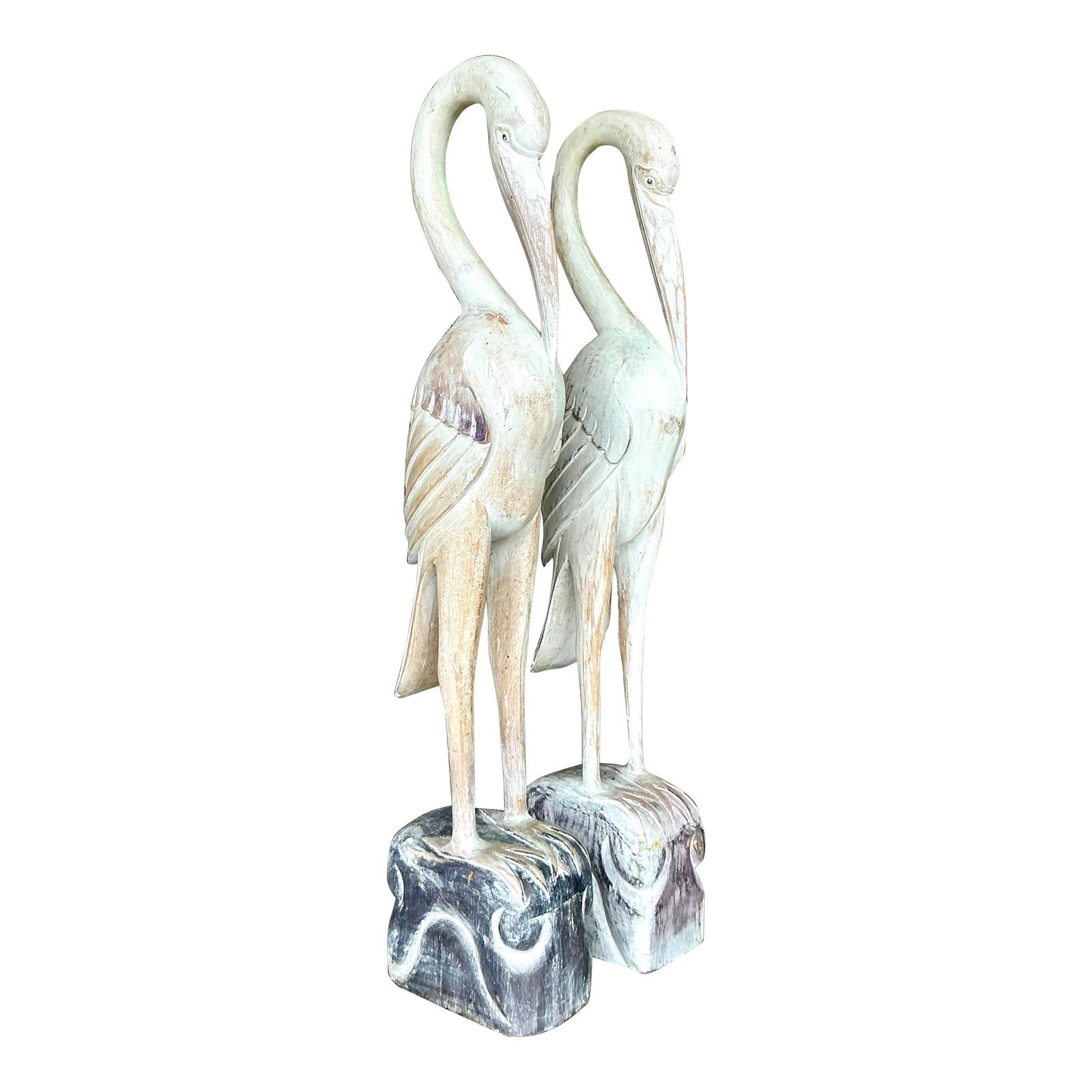 Vintage Boho Carved Wood Crane Statues - Distressed Whitewash Pair: Vintage Boho Carved Wood Crane Statues - Distressed Whitewash Pair Transform your space with this exquisite pair of vintage boho-style carved wood crane statues. These elegant cranes feature gracefull