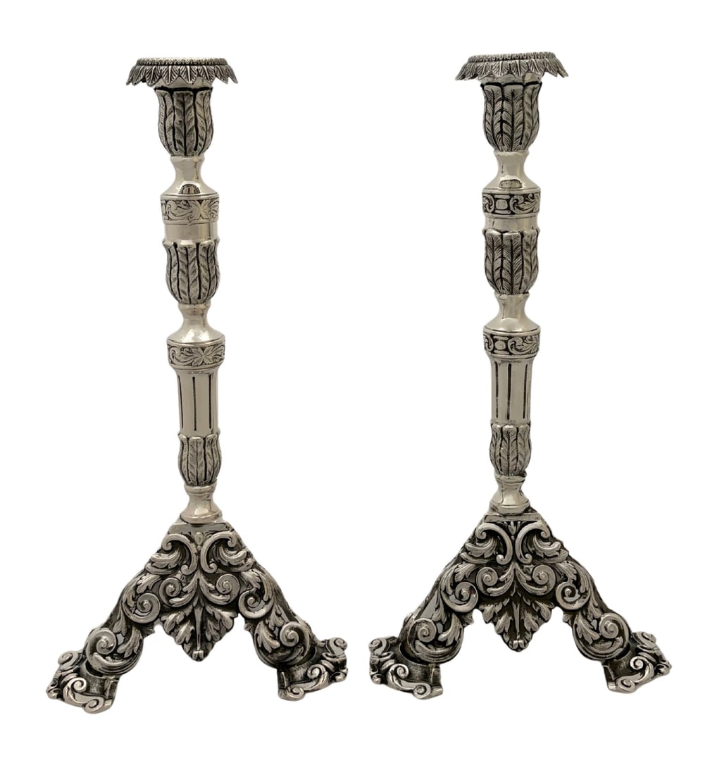 Portuguese 833 Sterling Silver Leaf Candlesticks 12.5 Inch Pair (1 of 4)