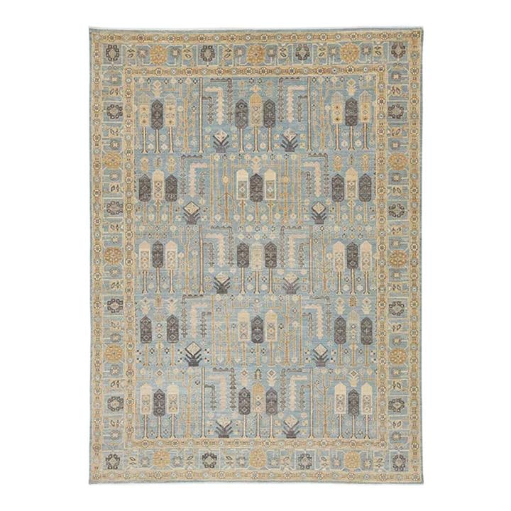 Contemporary Khotan Blue Wool Rug 8'10" x 12'1" Geometric Design: Contemporary Khotan Blue Wool Rug 8'10" x 12'1" Geometric Design Enhance your space with this stunning contemporary Khotan hand-knotted wool rug, featuring a serene light blue field adorned with an al