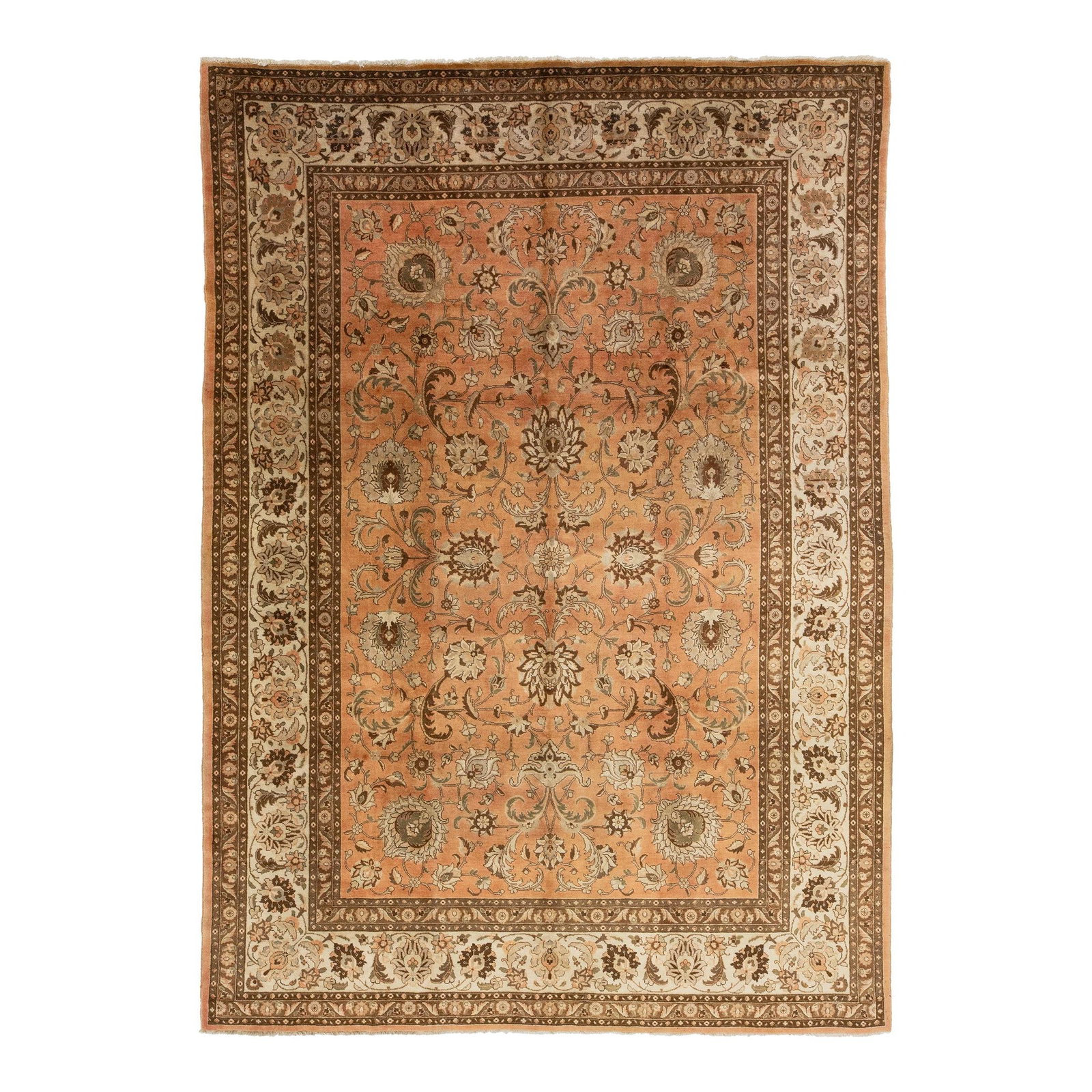 Handcrafted Antique Peach Persian Tabriz Wool Rug 8'8" x 12'2" Floral Design: Handcrafted Antique Peach Persian Tabriz Wool Rug 8'8" x 12'2" Floral Design Enhance your living space with this exquisite Antique Peach Persian Tabriz Wool Rug, showcasing a timeless all-over floral 