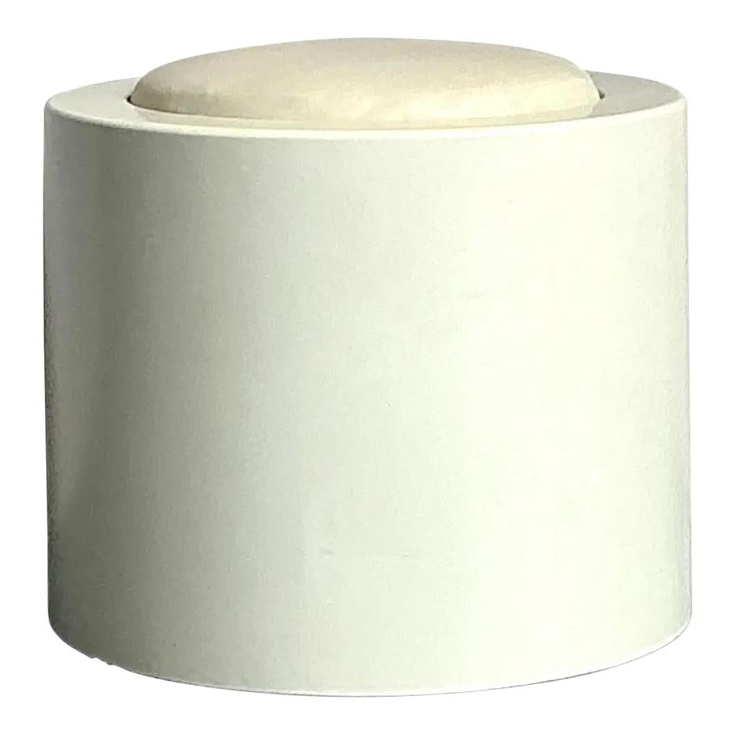 White Lacquered Boho Chic Vintage Low Stool with Upholstered Cushion: White Lacquered Boho Chic Vintage Low Stool with Upholstered Cushion This vintage low stool features a pristine ivory lacquered finish with a sleek cylindrical design, blending Boho Chic and minimalis