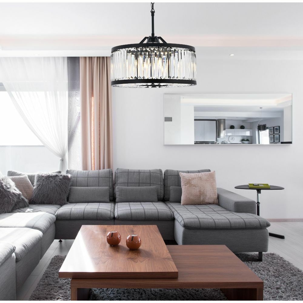 Chelsea 8 Light Matte Black Crystal Chandelier 28 inch: Chelsea 8 Light Matte Black Crystal Chandelier 28 inch This modern crystal chandelier features a matte black frame and eight lights, making it an elegant centerpiece for foyers, dining rooms, living r