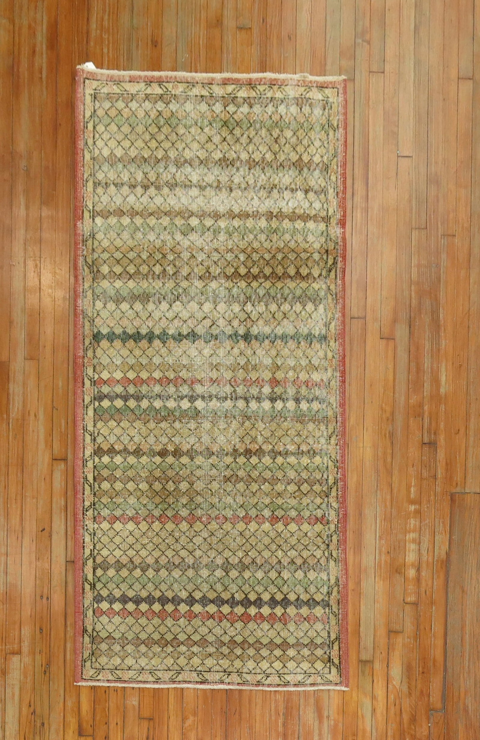 3' 6" x 6' 11" Anatolian Shabby Chic Runner Rug: 3' 6" x 6' 11" Anatolian Shabby Chic Runner Rug Turkish Deco runner from the mid-20th century with an Anatolian design and a Shabby Chic aesthetic. Pre-owned condition. Specifications Origin: Turkish 