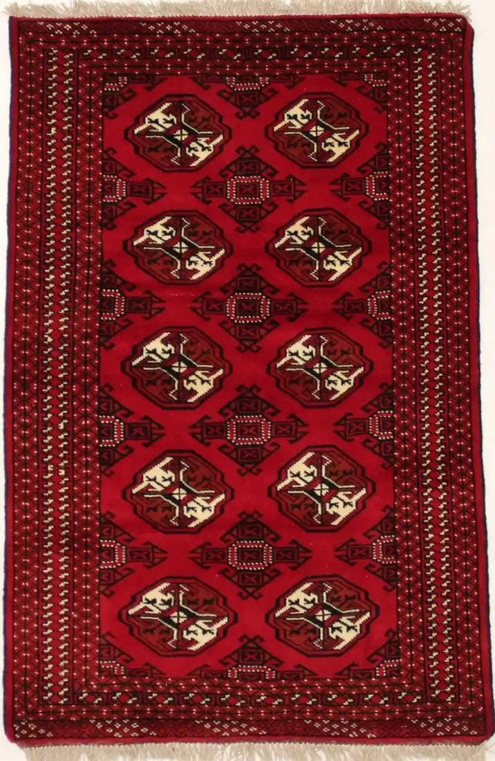 3'3 x 5'1 Wool Tribal Area Rug With Red Geometric Pattern: 3'3 x 5'1 Wool Tribal Area Rug With Red Geometric Pattern This handmade wool area rug features a striking red tribal geometric design, crafted using traditional hand-knotted techniques. With its blend