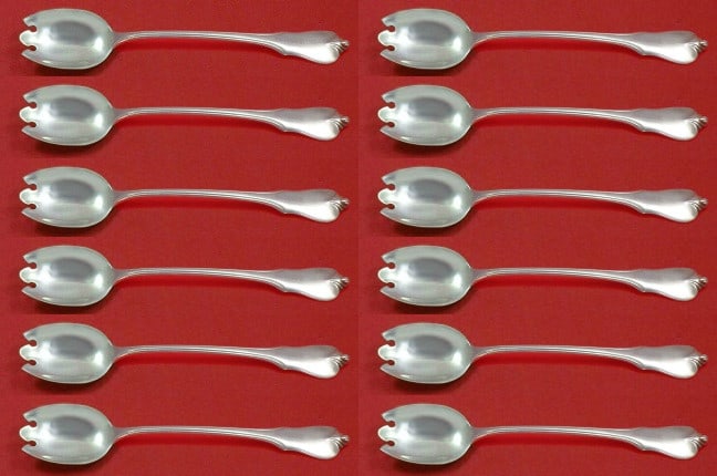 Wallace Grand Colonial Sterling Silver Ice Cream Forks Custom Set 12pcs: Wallace Grand Colonial Sterling Silver Ice Cream Forks Custom Set 12pcs This exquisite 12-piece set of ice cream dessert forks features the elegant Grand Colonial pattern by Wallace. Crafted from high