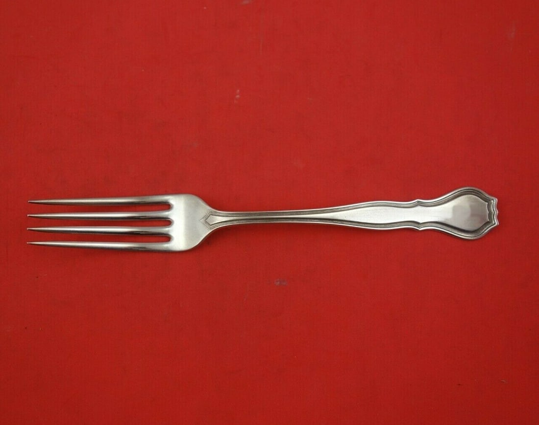 Wallace Nile Sterling Silver Dinner Fork 7.5 Inch Flatware: Wallace Nile Sterling Silver Dinner Fork 7.5 Inch Flatware Enhance your dining experience with the exquisite Nile dinner fork by Wallace. Crafted from sterling silver, this elegant fork measures 7 1/2