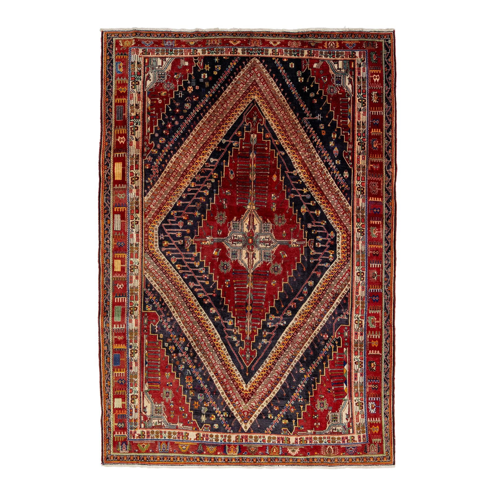 Vintage Red Persian Shiraz Wool Rug Geometric Design 6'8 x 9'10: Vintage Red Persian Shiraz Wool Rug Geometric Design 6'8 x 9'10 Enhance your living space with this vintage Shiraz wool rug featuring a striking red field adorned with a vibrant geometric motif. Measu