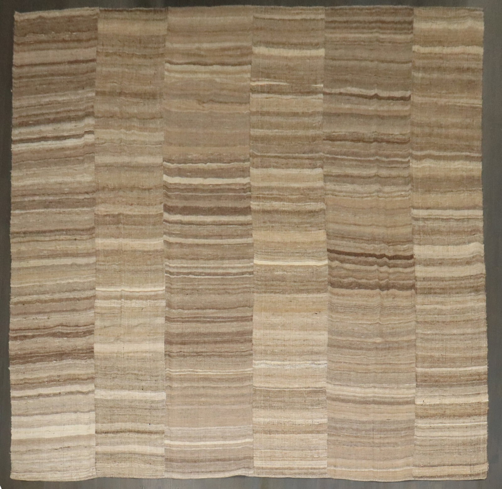 11' 7" x 12' 1" Persian Kilim Rug in Neutral Colors: 11' 7" x 12' 1" Persian Kilim Rug in Neutral Colors 20th century Persian kilim in a neutral color palette. Designed as a room-size square rug, this pre-owned piece offers a versatile look with underst