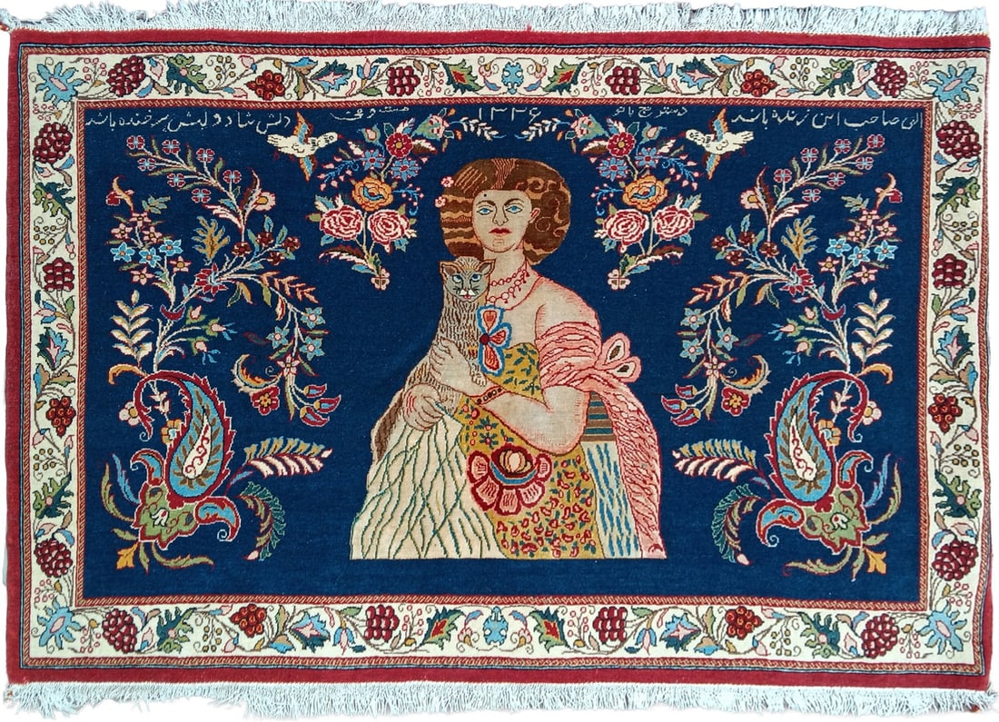 86x122cm Art Nouveau Hereke Wool Silk Area Rug: 86x122cm Art Nouveau Hereke Wool Silk Area Rug Genuine antique Hereke rug with a figural Art Nouveau design and floral motifs. This hand-knotted wool and silk rug features decorative borders and vibra