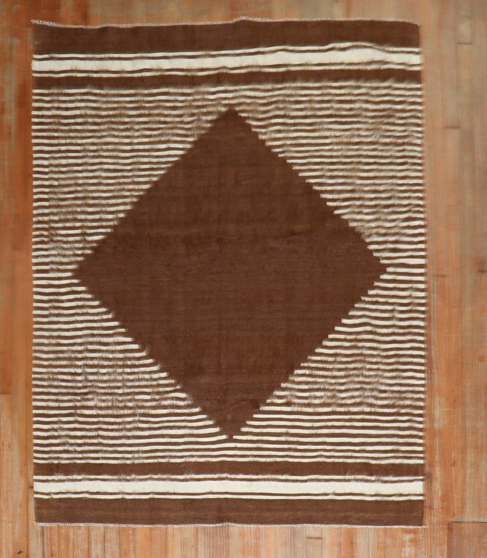 4' 10" x 6' Turkish Mohair Accent Rug Brown Ivory Geometric: 4' 10" x 6' Turkish Mohair Accent Rug Brown Ivory Geometric Mid 20th century Turkish mohair accent rug with a geometric design in brown and ivory. This pre-owned rectangular rug features a classic pat
