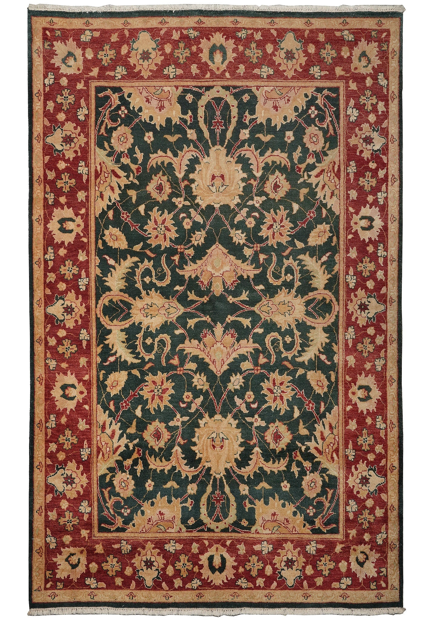 6.3 x 9.6 Agra Handmade Wool Area Rug Traditional Oriental: 6.3 x 9.6 Agra Handmade Wool Area Rug Traditional Oriental Free continental US Shipping Handmade Agra area rug in a traditional Oriental design with a green field and intricate floral pattern. Crafted