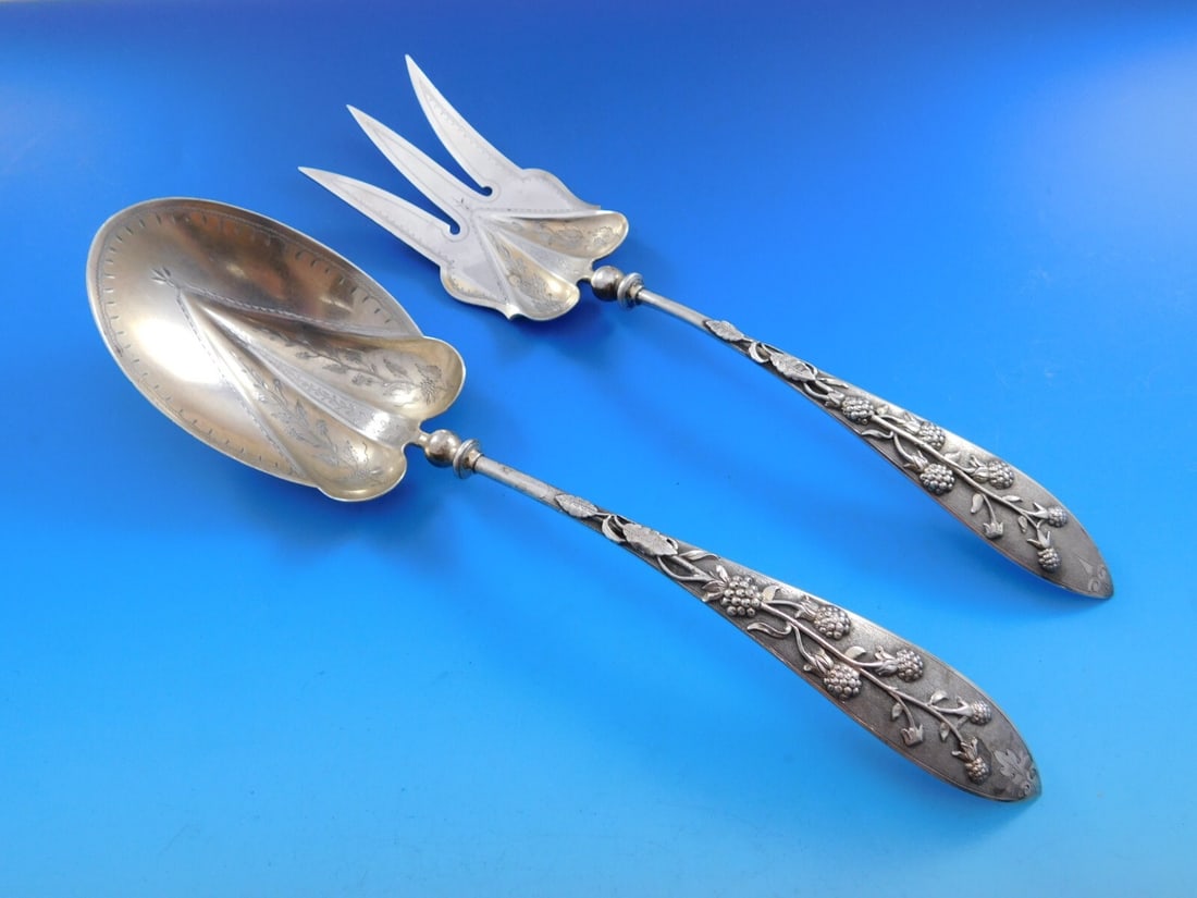 Gorham Raspberry Sterling Silver Salad Serving Set 2-pc with Applied Berries: Gorham Raspberry Sterling Silver Salad Serving Set 2-pc with Applied Berries Enhance your dining experience with this exquisite two-piece salad serving set from Gorham, crafted in sterling silver unde