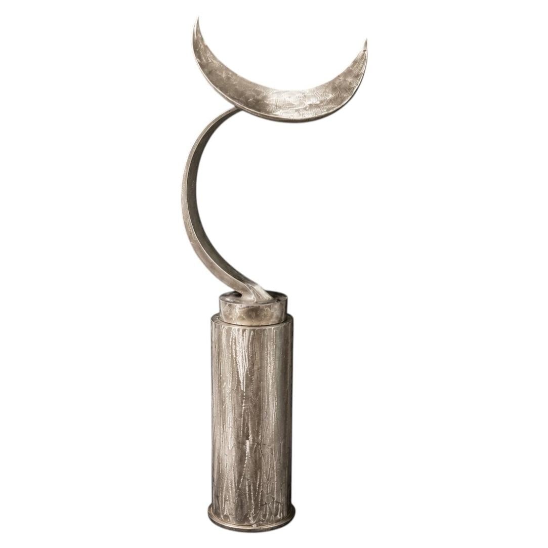 Signed polished steel crescent abstract sculpture 2 piece c. 1985 (1 of 8)