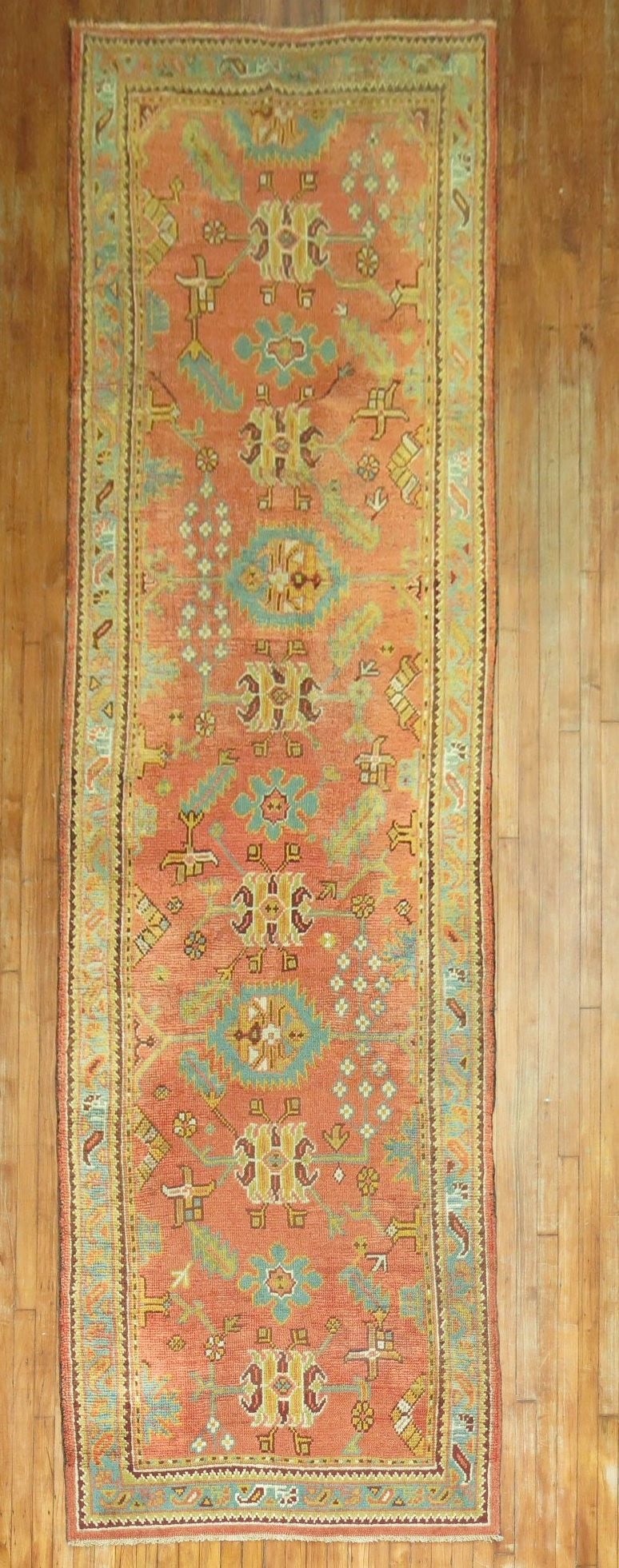 4' x 14' 9" Turkish Oushak Runner in Orange: 4' x 14' 9" Turkish Oushak Runner in Orange Late 19th century antique Turkish Oushak runner with a wide format and intricate geometric patterning. This pre-owned rug is classified as both a gallery ru