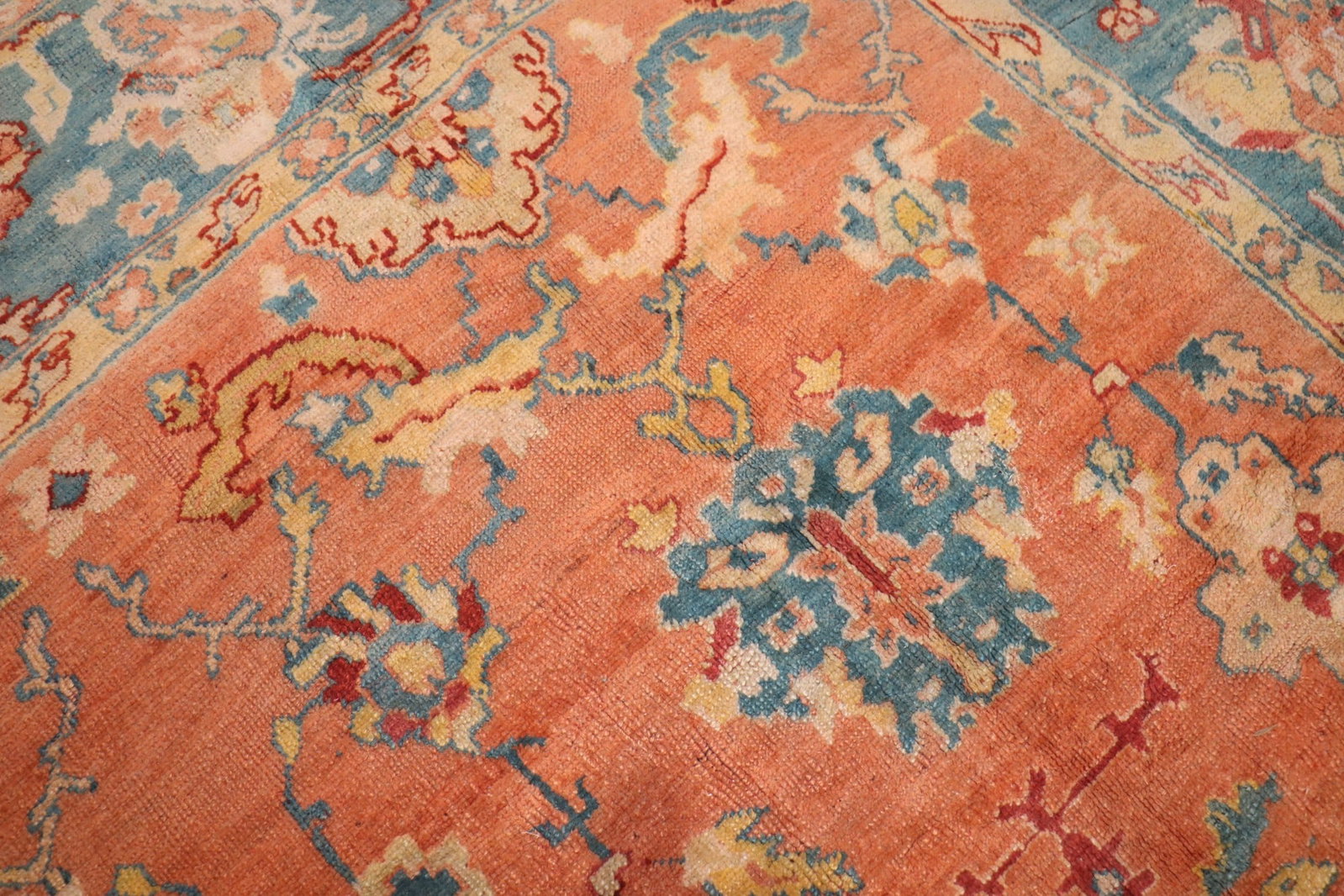 12' 10" x 14' 6" Antique Square Oushak Rug Pumpkin Field Teal Border: 12' 10" x 14' 6" Antique Square Oushak Rug Pumpkin Field Teal Border Late 19th-century antique Oushak rug featuring a pumpkin field and teal border. This oversize square rug is presented in very good 