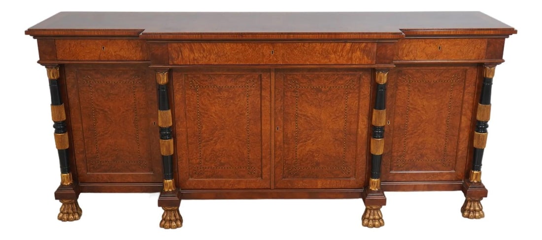 Francesco Molon Italian Empire Walnut Sideboard with Gold Gilt Details: Francesco Molon Italian Empire Walnut Sideboard with Gold Gilt Details This stunning Italian Empire sideboard features exquisite burl walnut with contrasting satinwood, ebony, and boxwood inlays, show