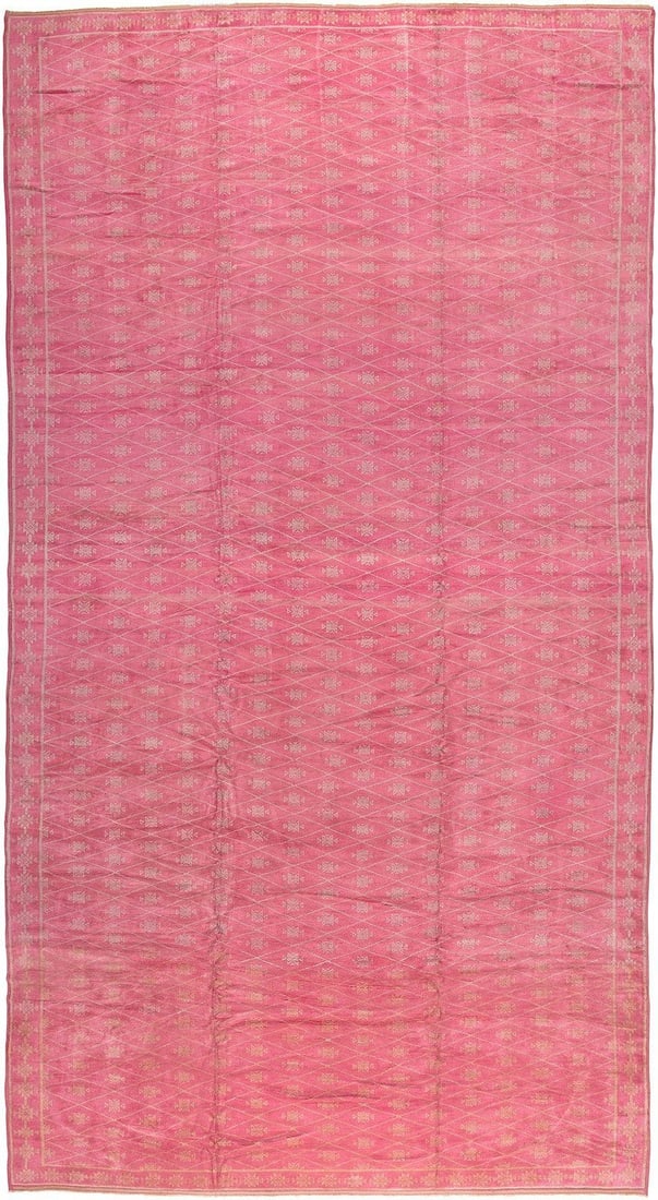 12' 2" x 22' 2" Oversize Ersari Afghan Rug in Bright Pink: 12' 2" x 22' 2" Oversize Ersari Afghan Rug in Bright Pink Oversize Afghan rug from the 3rd quarter of the 20th century in a natural bright pink color with a patterned design. Pre-owned. Specifications