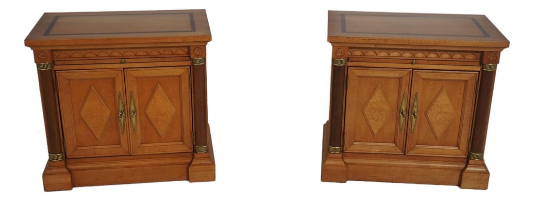 Set of Two Satinwood Neoclassical Style Nightstands with Brass Accents: Set of Two Satinwood Neoclassical Style Nightstands with Brass Accents This pair of neoclassical nightstands features a satinwood finish with birdseye maple raised panel accents and column sides with