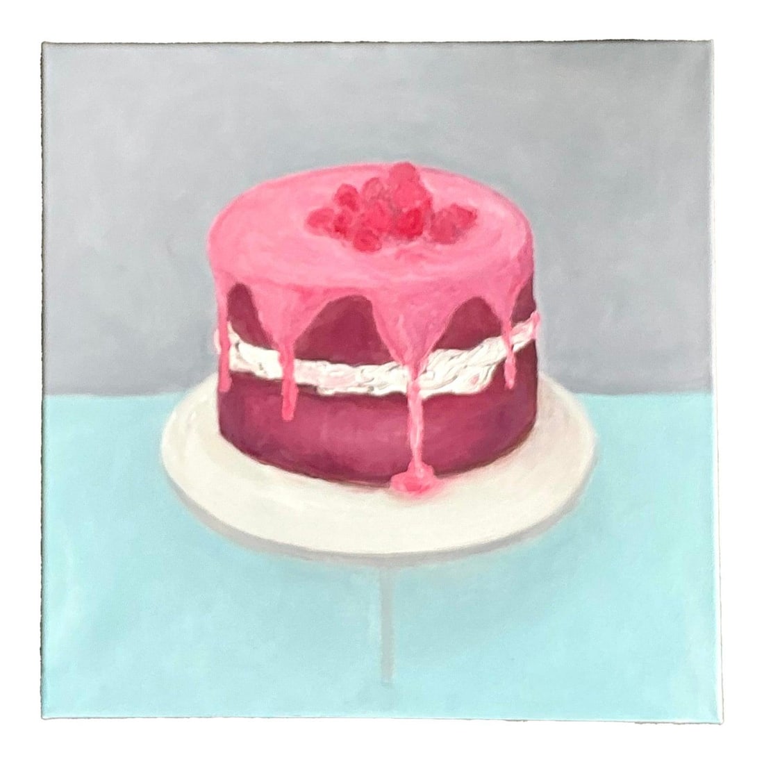 Vintage Boho Original Oil Painting of Luscious Cake on Canvas: Vintage Boho Original Oil Painting of Luscious Cake on Canvas Experience the charm of this delightful original oil painting, featuring a luscious layered cake adorned with vibrant pink drip icing and 