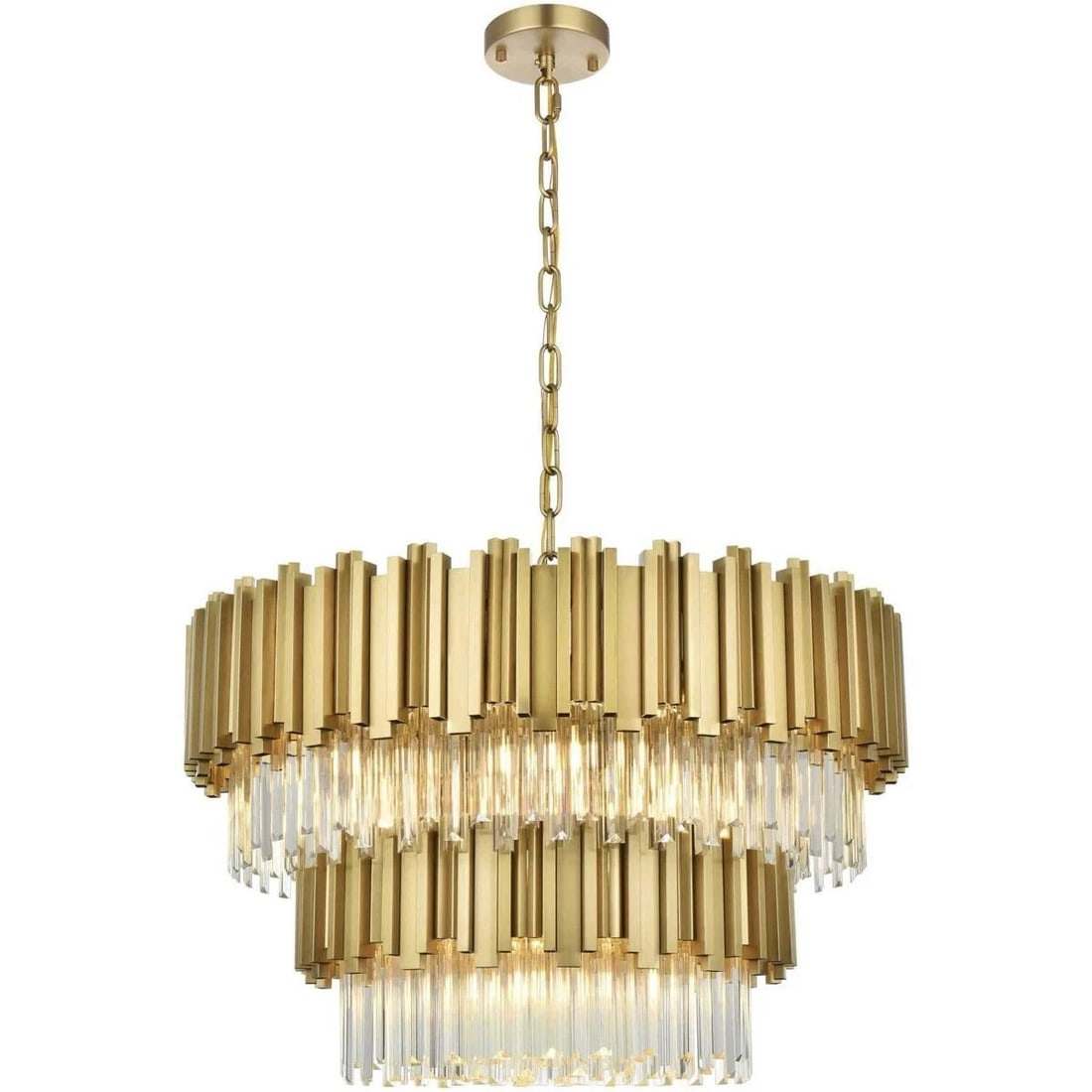 Willow 12 Light Crystal Chandelier Satin Gold 32 in: Willow 12 Light Crystal Chandelier Satin Gold 32 in Modern 12-light chandelier with a satin gold finish and clear crystal glass details. This hardwired indoor fixture is designed for dining rooms, kit