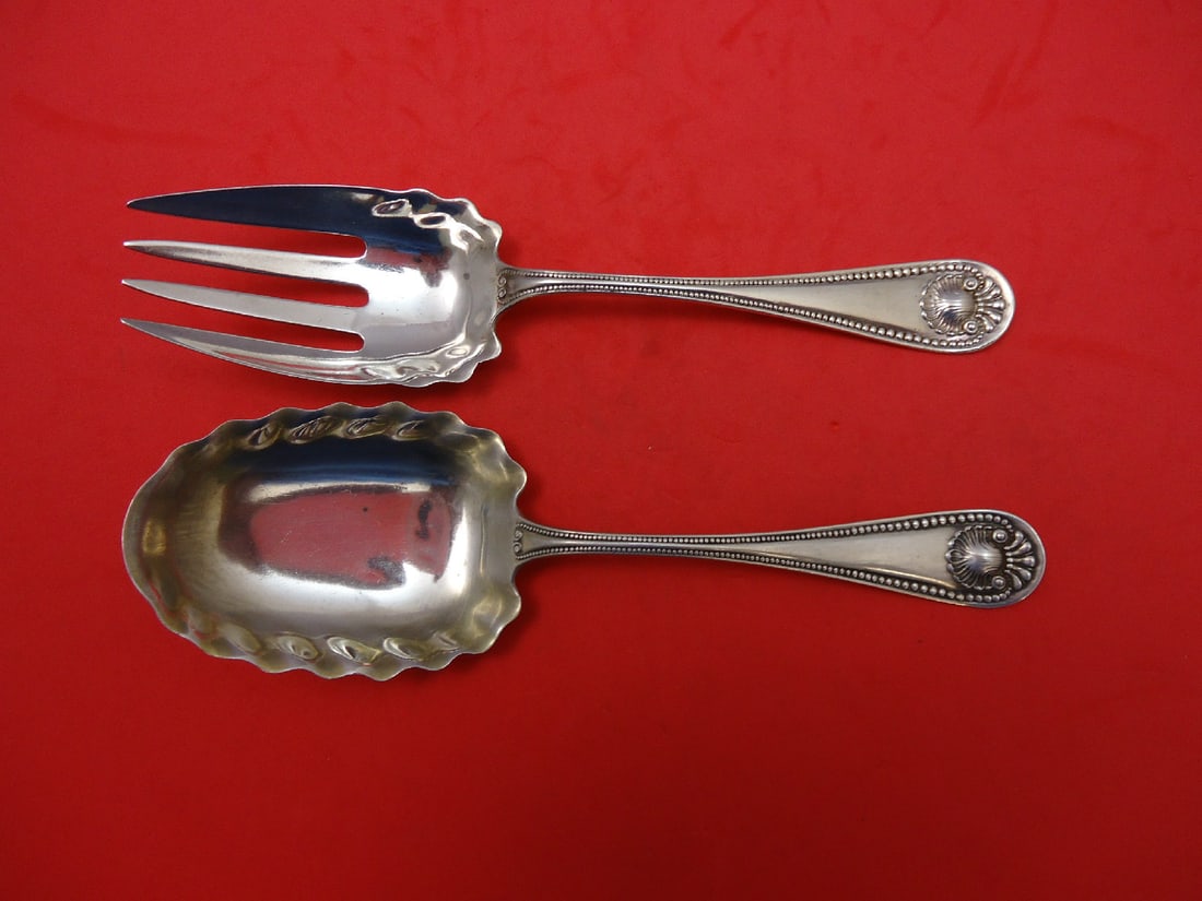 Whiting Bead Sterling Silver Salad Serving Set 2pc Gold Washed 7in: Whiting Bead Sterling Silver Salad Serving Set 2pc Gold Washed 7in This exquisite salad serving set from Whiting features a charming Bead pattern, showcasing the artistry of sterling silver craftsmans