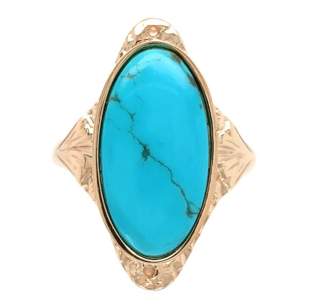Antique 10k Rose Gold Turquoise Ring 3.29ct Oval Genuine GIA Certified: Antique 10k Rose Gold Turquoise Ring 3.29ct Oval Genuine GIA Certified Discover this exquisite antique ring crafted from 10k rose gold, featuring a stunning 3.29 carat genuine natural turquoise. The v