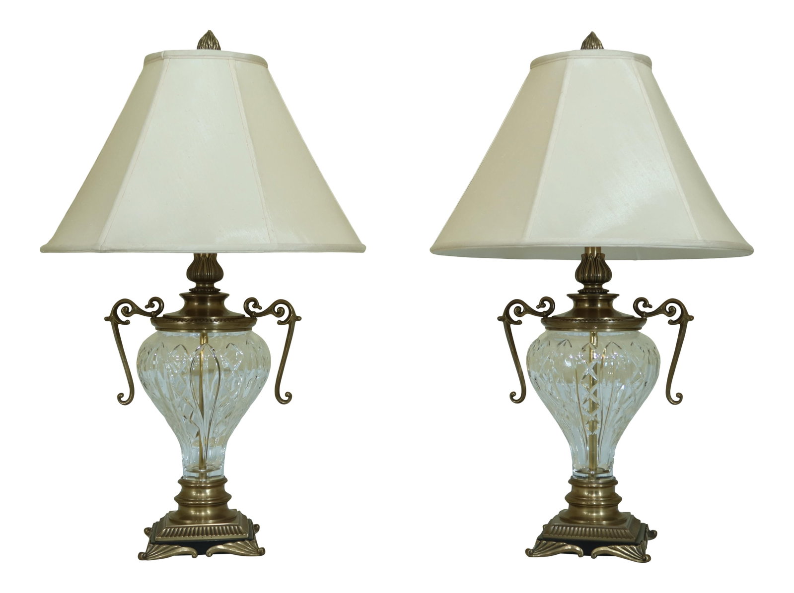 Elegant Pair of Decorative Crafts Brass and Crystal Urn Table Lamps: Elegant Pair of Decorative Crafts Brass and Crystal Urn Table Lamps This exquisite pair of Decorative Crafts Crystal & Brass Urn Table Lamps showcases high-quality craftsmanship with heavy solid brass